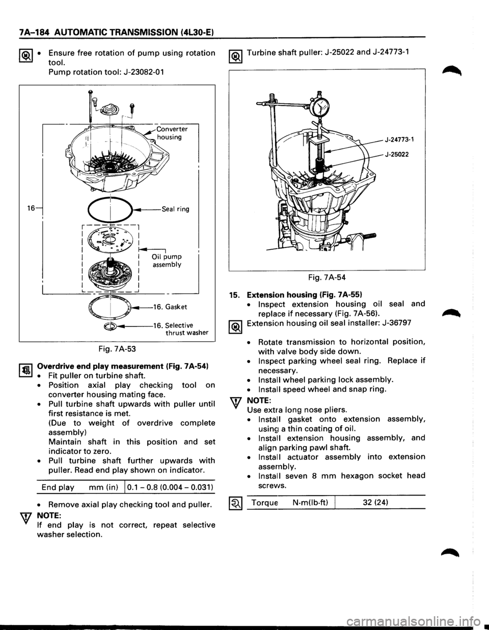ISUZU TROOPER 1995  Workshop Manual 7A-184 AUTOMATIC TRANSMISSION (4L30-E) 
~· Ensure free rotation of pump using  rotation 
tool. 
16 
Pump rotation tool: J-23082-01 
-----16. Selective thrust washer 
Fig. 7A-53 
lfil Overdrive  end 
