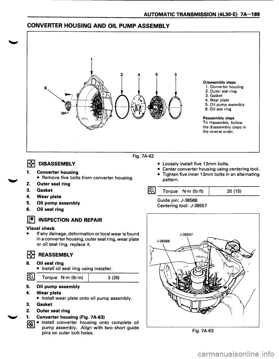ISUZU TROOPER 1995  Workshop Manual AUTOMATIC TRANSMISSION  (4L30·E) 7A-189 
CONVERTER HOUSING AND OIL PUMP ASSEMBL V 
1 
Disassembly steps 
1. Converter housing 
2.  Outer seal ring 
3.  Gasket 
4.  Wear 
plate 
5. Oil pump assembly 
