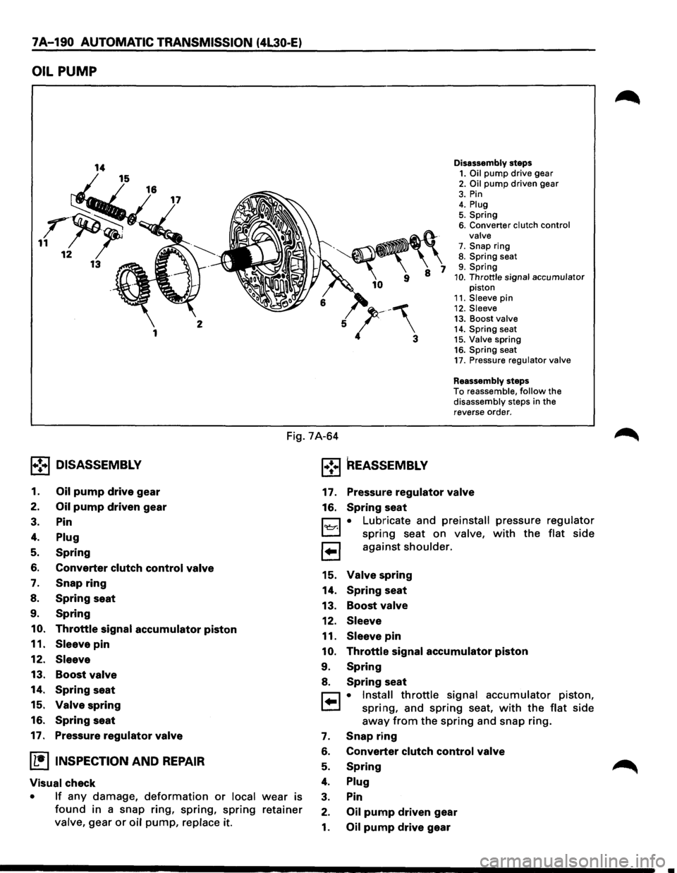 ISUZU TROOPER 1995  Workshop Manual 7A-190 AUTOMATIC TRANSMISSION (4L30-E) 
OIL PUMP 
Disassembly steps 1. Oil pump drive gear 2. Oil pump driven  gear 3. Pin 4. Plug 5. Spring 6. Converter clutch control 
valve 
7. Snap  ring 8. Spring