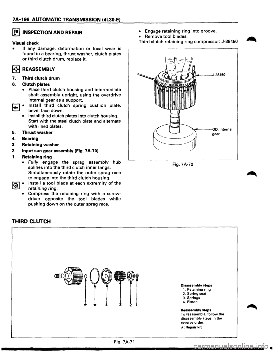 ISUZU TROOPER 1995  Workshop Manual 7A-196 AUTOMATIC TRANSMISSION (4L30-E) 
IL•IINSPECTION AND REPAIR 
Visual check 
• If any damage, deformation or local wear is 
found in a bearing, thrust washer,  clutch plates 
or third clutch d
