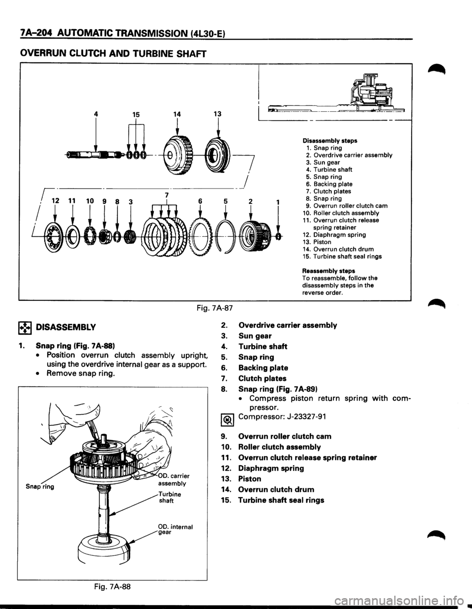 ISUZU TROOPER 1995  Workshop Manual 7 A-204 AUTOMATIC TRANSMISSION (4l30-E) 
OVERRUN CLUTCH AND TURBINE SHAFT 
I 
I  
.L.llL 
14 
-· 
13 L~L 
Disassembly steps 1. Snap ring 2. Overdrive  carrier assembly 3. Sun gear 4. Turbine shaft 

