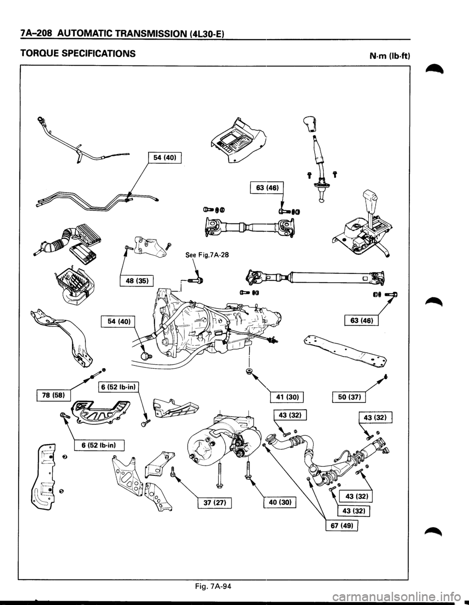 ISUZU TROOPER 1995  Workshop Manual 7 A-208 AUTOMATIC TRANSMISSION  (4l30-E) 
TORQUE  SPECIFICATIONS 
• 
/r6 (52 lb·in) 
~-L 
~ 
Fig. 7A-94 
N-m  (lb-ft) 
 
o; 
JJI/ 
~  