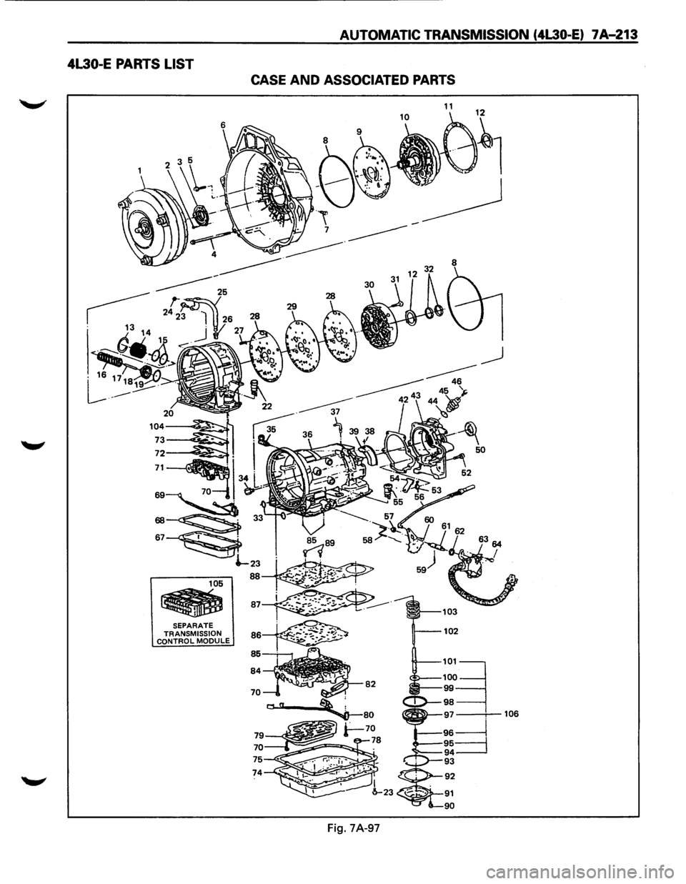 ISUZU TROOPER 1995  Workshop Manual AUTOMATIC TRANSMISSION (4L30 E) 
--------~CCAJSE AND  -7A-213 ASSOCIATED  PARTS 
4L30-E 
PARTS LIST 
SEPARATE 
C~~f~J~ISSION MODULE 
74 
103 
102 
50 
106  