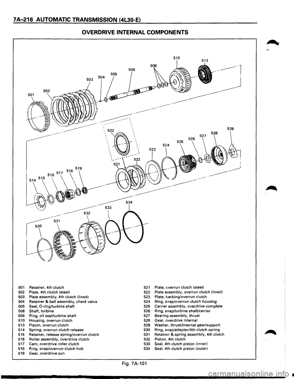 ISUZU TROOPER 1995  Workshop Manual 7A-216 AUTOMATIC TRANSMISSION (4L30-E} 
OVERDRIVE INTERNAL COMPONENTS 
501 Retainer, 4th clutch 
502  Plate, 4th clutch  (steel)  503 
503  Plate assembly, 
4th clutch  (lined) 
504 Retainer & ball  a