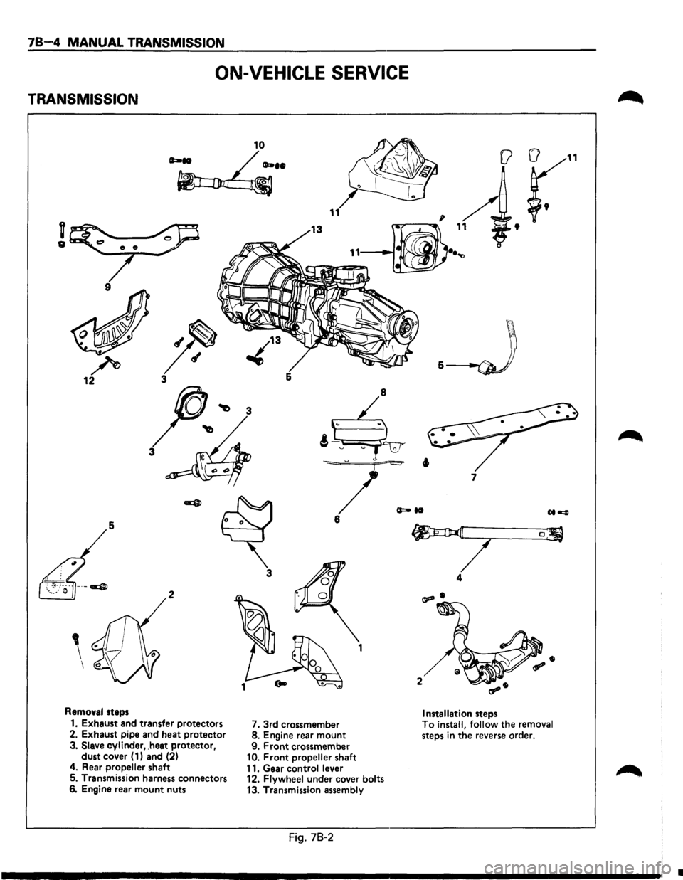 ISUZU TROOPER 1995  Workshop Manual 78-4 MANUAL TRANSMISSION 
ON-VEHICLE SERVICE 
TRANSMISSION 
10 
~·· 
v 
" 
9 
r 12 5 
3 
5 
3 
2 
1 
Removal steps 
1. Exhaust and transfer  protectors 
7. 3rd  crossmember 
2.  Exhaust  pipe and he