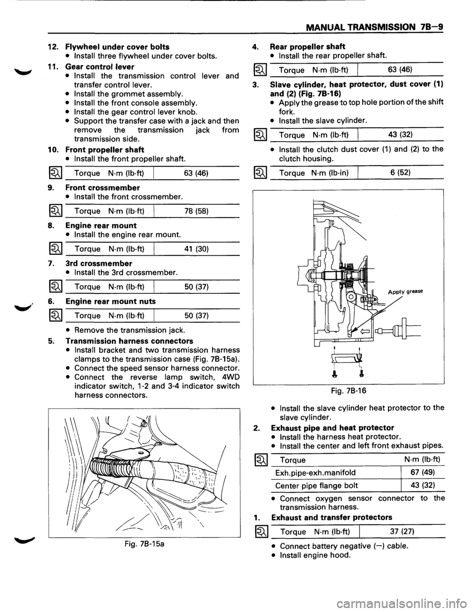 ISUZU TROOPER 1995  Workshop Manual 12. Flywheel under cover bolts 
•  Install 
three flywheel under  cover bolts. 
11. Gear control  lever 
•  Install 
the  transmission control  lever and 
transfer 
control  lever. 
•  Install 
