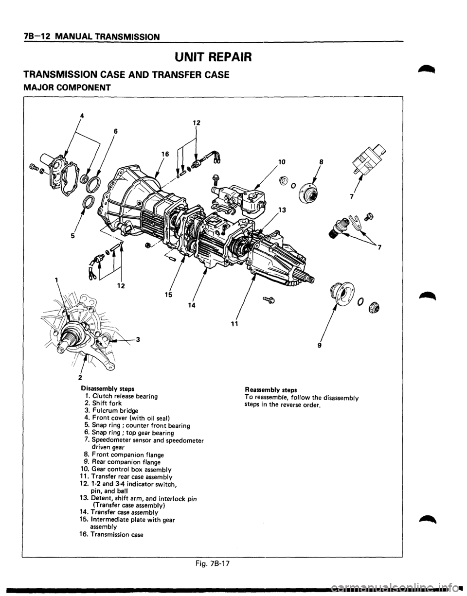 ISUZU TROOPER 1995  Workshop Manual 78-12 MANUAL TRANSMISSION 
UNIT REPAIR 
TRANSMISSION CASE AND TRANSFER CASE 
MAJOR  COMPONENT 
4 
11 
2 
Disassembly steps Reassembly steps  7 
~ 
9 
1. Clutch release 
bearing 2. Shift fork 
3.  Fulc