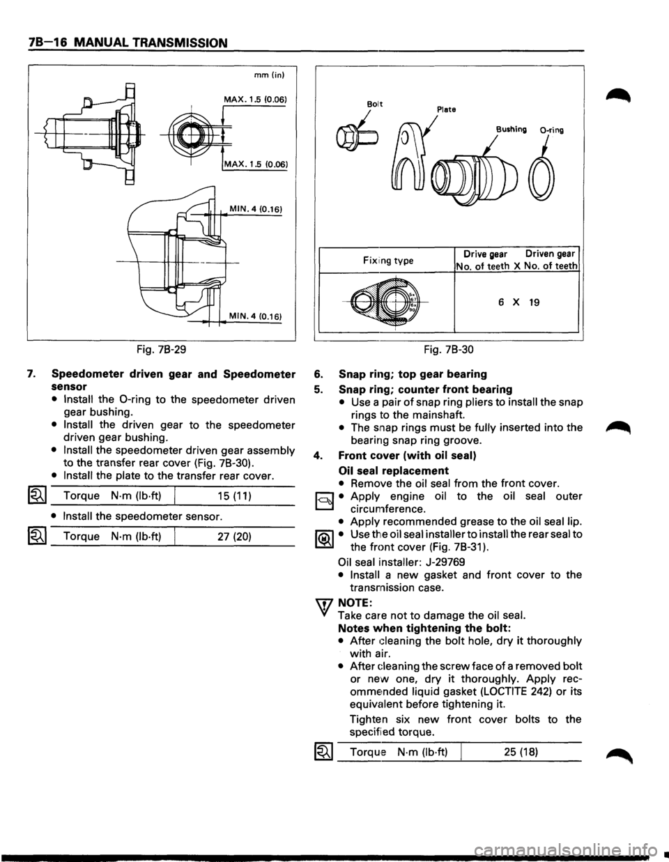 ISUZU TROOPER 1995  Workshop Manual 78-16 MANUAL TRANSMISSION 
7. 
mm{in) 
MAX. 1.5 (0.06) 
MAX. 1.5 10.06) 
MIN. 4 (0.16) 
MIN. 4 (0.16) 
Fig. 78-29 
Speedometer  driven gear and Speedometer 
sensor 
•  Install the 0-ring to  the  sp