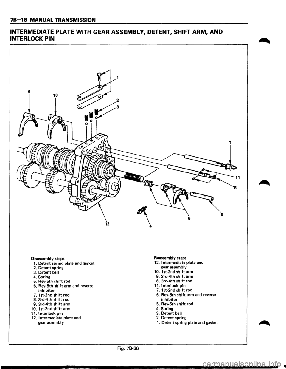 ISUZU TROOPER 1995  Workshop Manual 78-18 MANUAL TRANSMISSION 
INTERMEDIATE PLATE WITH GEAR ASSEMBLY, DETENT, SHIFT ARM, AND 
INTERLOCK  PIN 
9 10 
Disassembly steps 
1.  Detent  spring plate and gasket 
2. Detent  spring 
3.  Detent  b