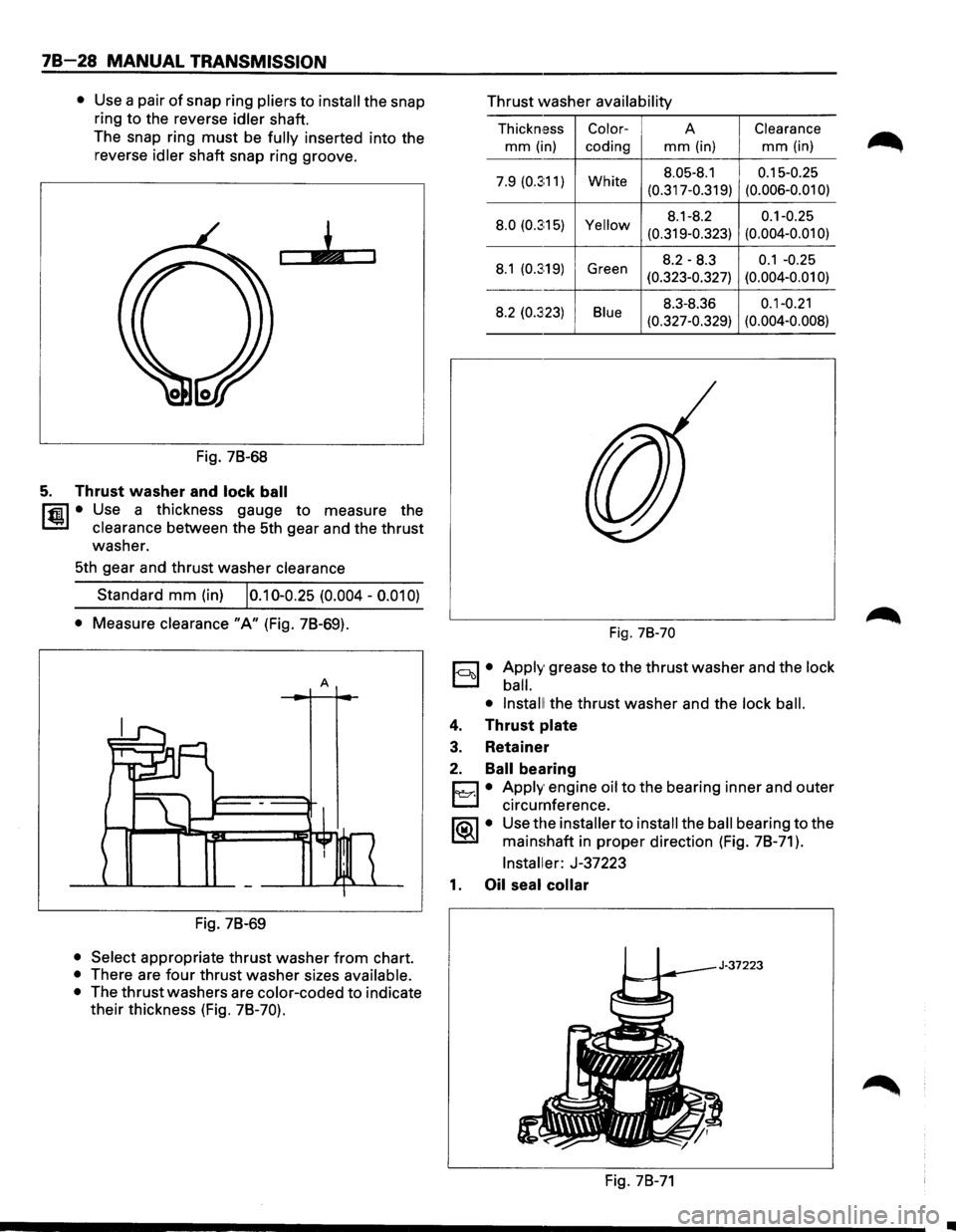ISUZU TROOPER 1995  Workshop Manual 78-28 MANUAL TRANSMISSION 
• Use a pair of snap  ring pliers to install the snap 
ring  to the  reverse 
idler shaft. 
The  snap  ring 
must be fully inserted  into the 
reverse 
idler shaft  snap r