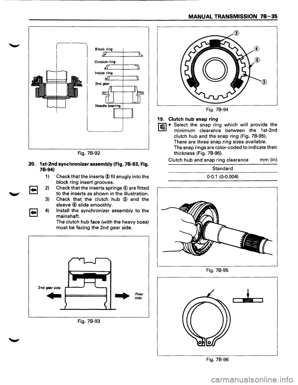ISUZU TROOPER 1995  Workshop Manual Block ring 
Outside..., rr-in~g-+------.= 
Inside ring ,..r--+---n 
Fig. 78-92 
20. 1st-2nd synchronizer assembly (Fig. 78-93, Fig. 
78-94) 
1) 
2) 
3) 
4) 
Check  that the inserts® fit snugly into t