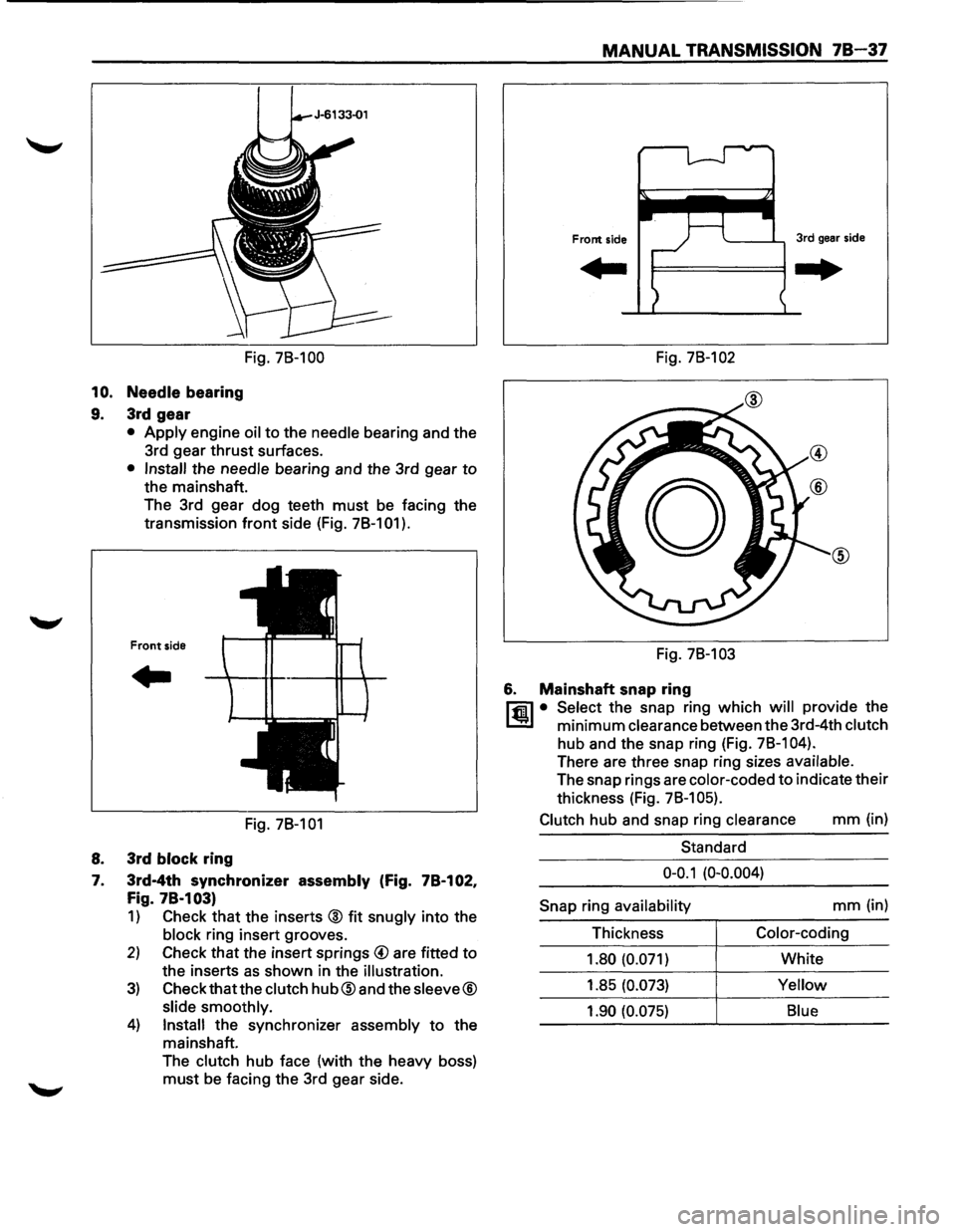ISUZU TROOPER 1995 Workshop Manual MANUAL TRANSMISSION 78-37
Fig. 78-100 Fig. 78-102
10. Needle bearing
9. 3rd gear
• Apply engine oil to the needle bearing and the
3rd gear
thrust surfaces.
• Install the needle bearing ISUZU TROOPER 1995 Workshop Manual MANUAL TRANSMISSION 78-37
Fig. 78-100 Fig. 78-102
10. Needle bearing
9. 3rd gear
• Apply engine oil to the needle bearing and the
3rd gear
thrust surfaces.
• Install the needle bearing
