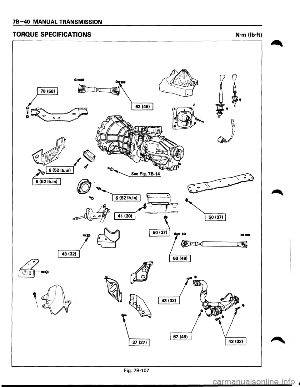 ISUZU TROOPER 1995  Workshop Manual JB 40 MANUAL TRANSMISSION 
TORQUE  SPECIFICATIONS 
~ ~6314611 
4 
\· 
~ 
[ 67 (49) 
Fig. 78-107 
N·m  (lb·ft) 
0.  
•  