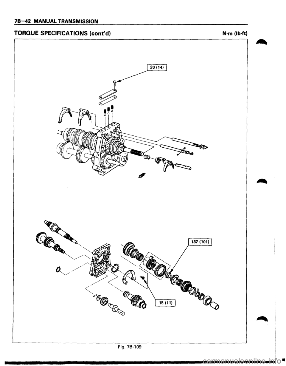 ISUZU TROOPER 1995  Workshop Manual 78-42 MANUAL TRANSMISSION 
TORQUE SPECIFICATIONS (contd) N·m (lb·ft) 
20(1~ 
Fig. 78~109 
•  