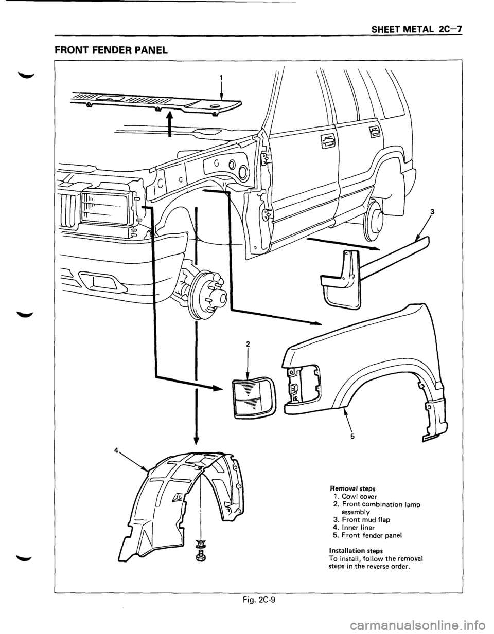 ISUZU TROOPER 1995  Workshop Manual FRONT FENDER PANEL 
Fig. 2C-9 
SHEET METAL 2C-7 
Removal steps 
1. Cowl cover 
2. 
Front combination lamp 
assembly 
3. Front mud flap 4. Inner  liner 5. Front fender panel 
Installation 
steps 
To 
i