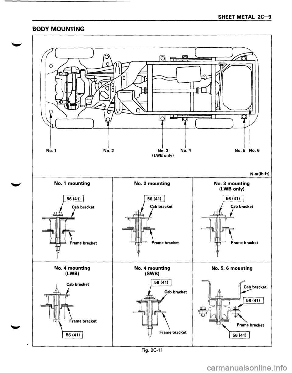 ISUZU TROOPER 1995  Workshop Manual BODY MOUNTING 
No.1 
No. 1 mounting 
No. 4 mounting 
(LWB) 
Cab bracket 
No.2  No.3  No.4 (LWB 
only) 
No. 2 mounting 
No. 4 mounting 
(SWB) 
Frame  bracket 
Fig. 2C-11 
SHEET METAL 2C-9 
No.5 No.6 
N