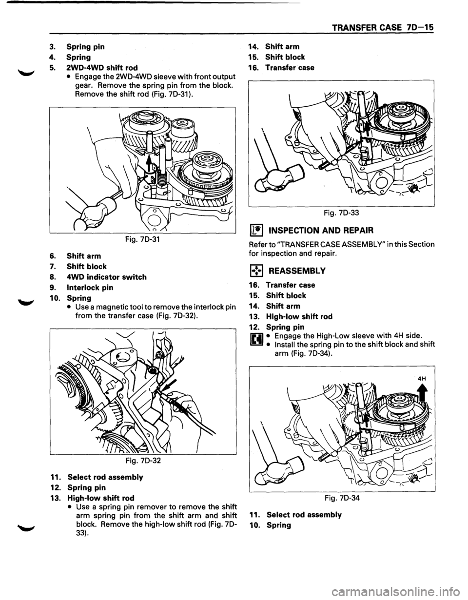 ISUZU TROOPER 1995 Workshop Manual 3. Spring pin
4. Spring
5. 2WD-4WD shift rod
• Engage the 2W0-4WO sleeve with front output
gear. Remove the spring pin from the
block.
Remove the shift rod (Fig. 70-31 ).
Fig. 70-31
6 ISUZU TROOPER 1995 Workshop Manual 3. Spring pin
4. Spring
5. 2WD-4WD shift rod
• Engage the 2W0-4WO sleeve with front output
gear. Remove the spring pin from the
block.
Remove the shift rod (Fig. 70-31 ).
Fig. 70-31
6