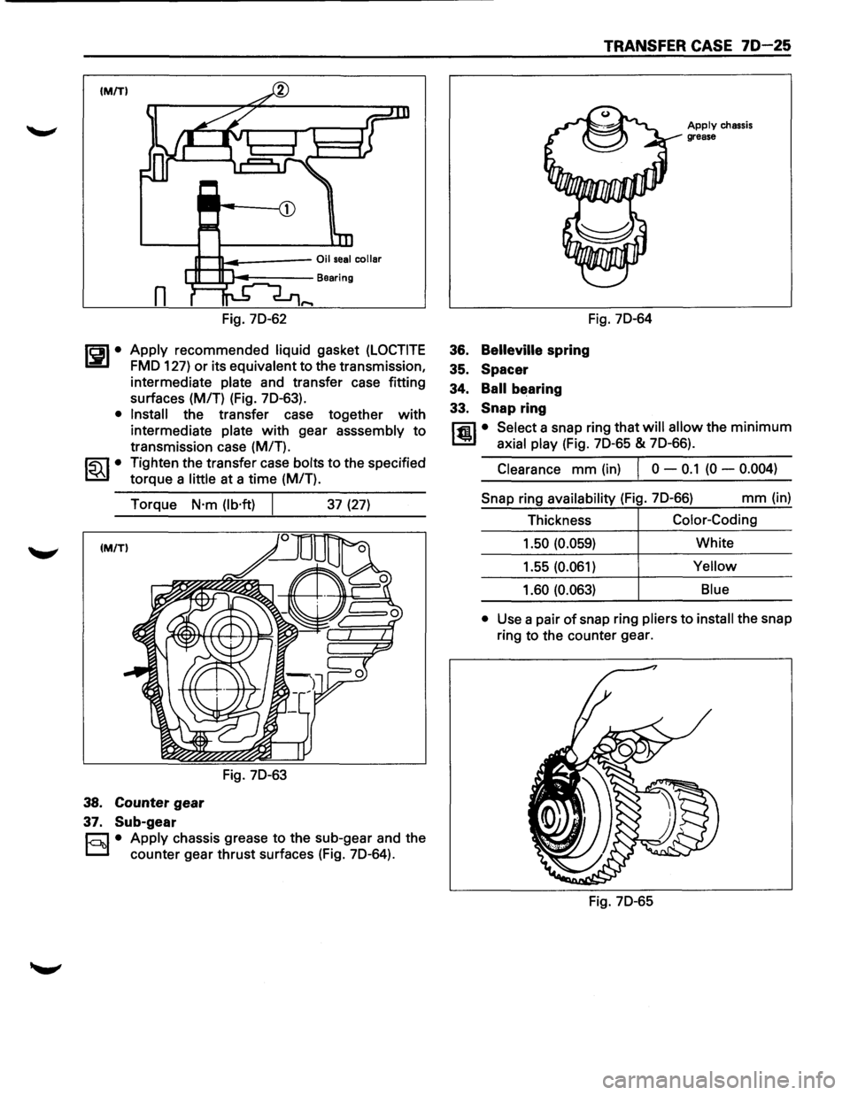 ISUZU TROOPER 1995 Workshop Manual IMITI
Fig. 70-62
~~~· Apply recommended liquid gasket (LOCTITE
FMO 127) or its equivalent to the transmission,
intermediate
plate and transfer case fitting
surfaces (M/T) (Fig. 70-63).
†ISUZU TROOPER 1995 Workshop Manual IMITI
Fig. 70-62
~~~· Apply recommended liquid gasket (LOCTITE
FMO 127) or its equivalent to the transmission,
intermediate
plate and transfer case fitting
surfaces (M/T) (Fig. 70-63).
â€