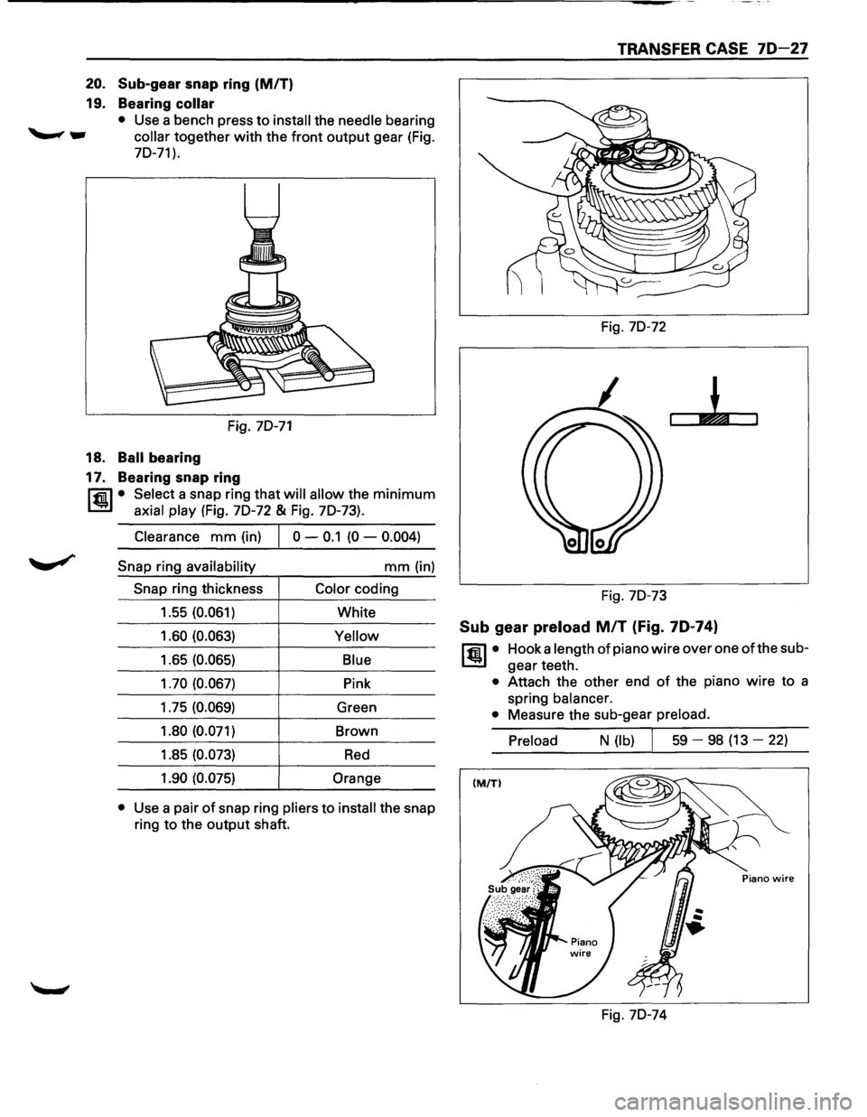 ISUZU TROOPER 1995  Workshop Manual 20. Sub-gear snap ring (MIT) 
19. Bearing collar 
• Use a bench  press to install the needle bearing 
collar together with the front output gear (Fig. 
70-71). 
Fig. 70-71 
18. Ball bearing 
17.  Be