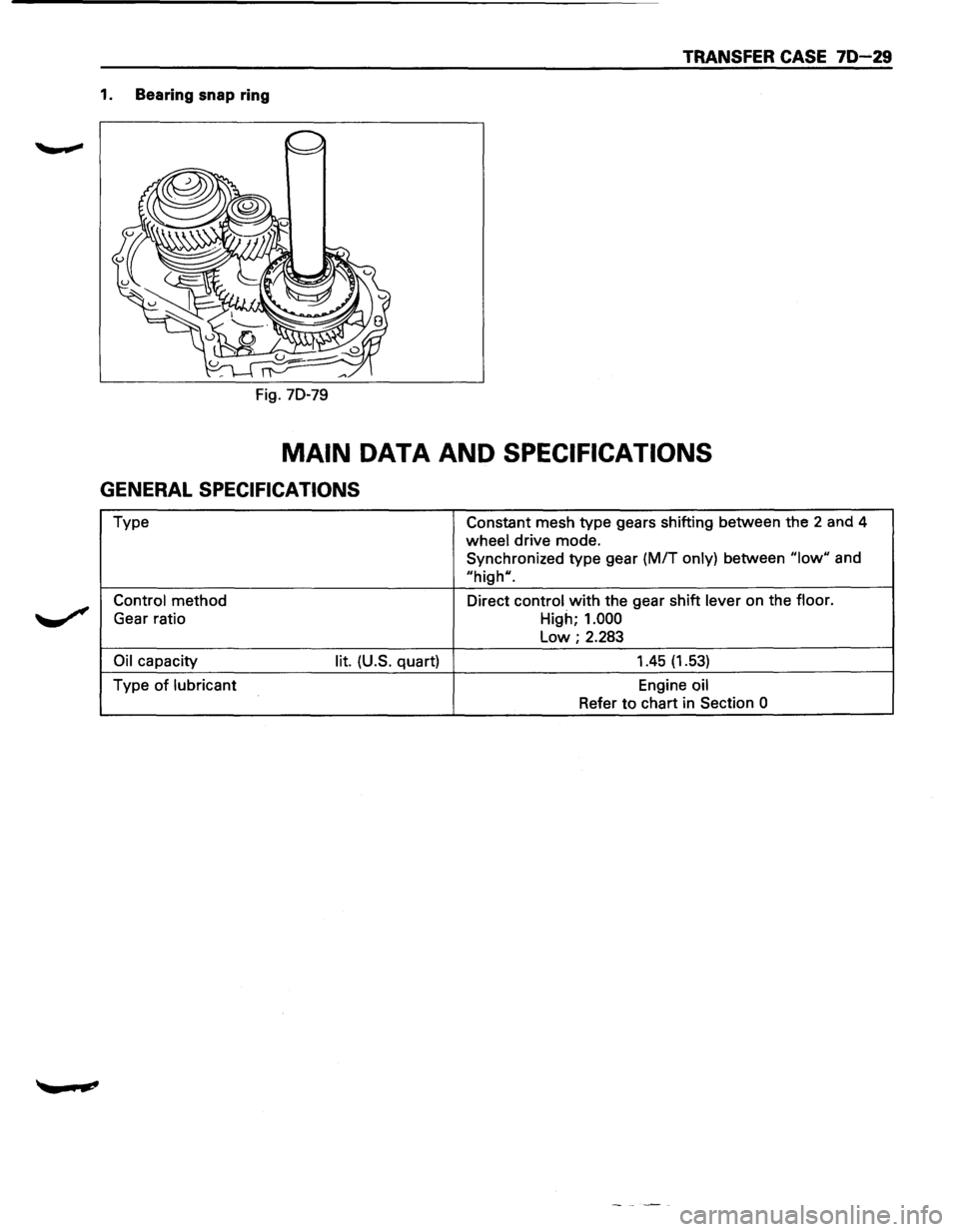 ISUZU TROOPER 1995  Workshop Manual TRANSFER CASE 70-29 
1. Bearing  snap ring 
Fig. 70-79 
MAIN DATA  AND SPECIFICATIONS 
GENERAL SPECIFICATIONS 
Type  Constant mesh type gears  shifting  between the 2 and 4 
wheel  drive mode. 
Synchr