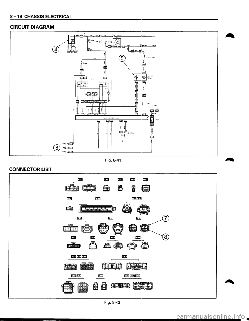 ISUZU TROOPER 1995  Workshop Manual 8 -18 CHASSIS  ELECTRICAL 
CIRCUIT DIAGRAM 
opllM! 
4 
® ·:; ::flli:~j}-o: -------__J_---- 
~~ •11-E~··•;Jf'-' ----------------- 
CONNECTOR  LIST 
Fig. 8-41 
lEI [E] lmiEill -, 
~ 