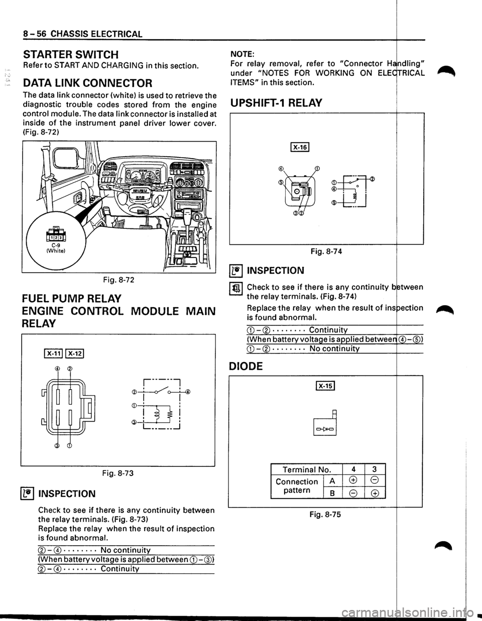 ISUZU TROOPER 1995  Workshop Manual 8-56 CHASSIS ElECTRICAl 
STARTER SWITCH NOTE: 
Refer 
to START AND CHARGING in  this  section.  For relay 
removal, refer to "Connector  H ndling" ~ 
under "NOTES FOR WORKING ON ELE TRICAL .,.........