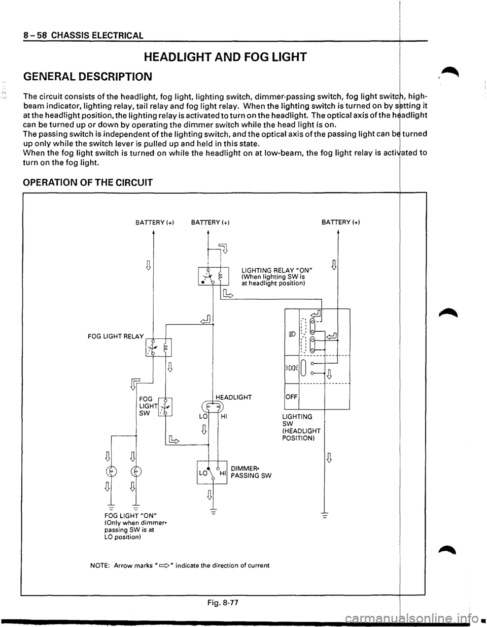 ISUZU TROOPER 1995  Workshop Manual 8-58 CHASSIS ELECTRICAL 
HEADLIGHT AND FOG LIGHT 
GENERAL DESCRIPTION 
The circuit  consists of the headlight,  fog light, lighting switch,  dimmer·passing  switch, fog light switc~, high­
beam  ind