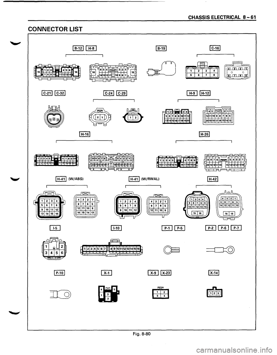 ISUZU TROOPER 1995  Workshop Manual CHASSIS ELECTRICAL 8-61 
CONNECTOR LIST 
I H-41l (W/ABSI I H-41l (W/RWALI 
~ 
4 3 
2  1 ~ 8 7 6 5 
12 11 10 9 
16  15 14 13 
Fig. 8-80  