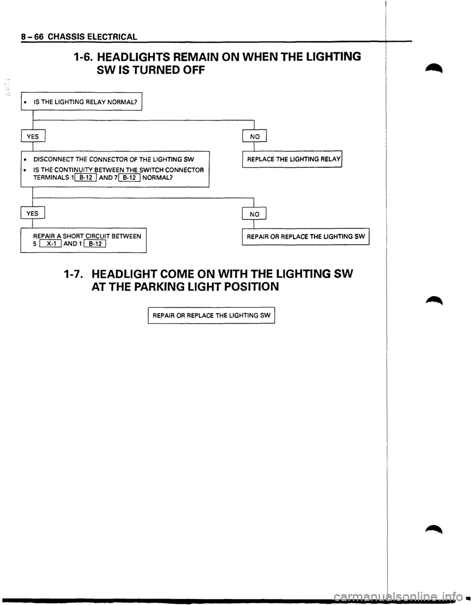 ISUZU TROOPER 1995  Workshop Manual 8 -66 CHASSIS  ELECTRICAL 
• 
• 
• 
1-6. HEADLIGHTS  REMAIN ON WHEN THE LIGHTING 
SW IS TURNED OFF 
IS THE LIGHTING RELAY  NORMAL? I 
I 
I  I 
YES I I NO J 
I I 
DISCONNECT THE CONNECTOR OF THE 