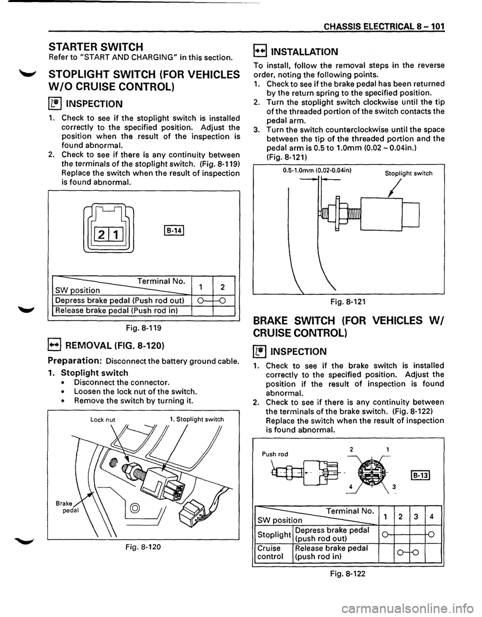 ISUZU TROOPER 1995 Workshop Manual STARTER SWITCH
Refer to "START AND CHARGING" in this section.
- STOPLIGHT SWITCH (FOR VEHICLES
W/0 CRUISE CONTROL)
~ INSPECTION
1. Check to see if the stoplight switch is installed
correct ISUZU TROOPER 1995 Workshop Manual STARTER SWITCH
Refer to "START AND CHARGING" in this section.
- STOPLIGHT SWITCH (FOR VEHICLES
W/0 CRUISE CONTROL)
~ INSPECTION
1. Check to see if the stoplight switch is installed
correct