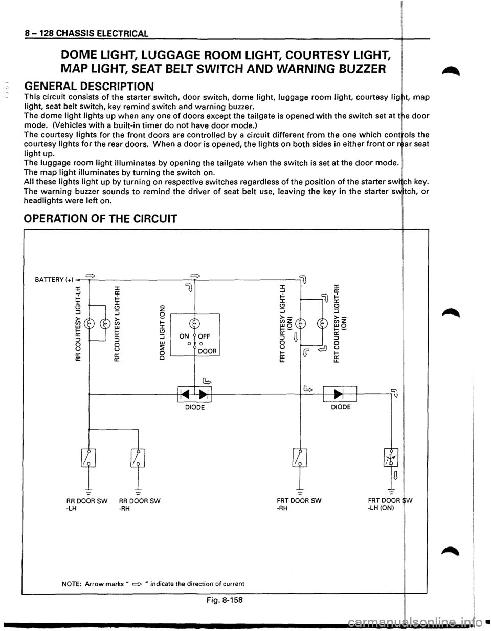 ISUZU TROOPER 1995  Workshop Manual 8-128 CHASSIS ELECTRICAL 
DOME LIGHT, LUGGAGE ROOM LIGHT, COURTESY  LIGHT, 
MAP LIGHT, SEAT BELT SWITCH AND WARNING BUZZER 
GENERAL DESCRIPTION 
This circuit  consists of the starter  switch, door swi