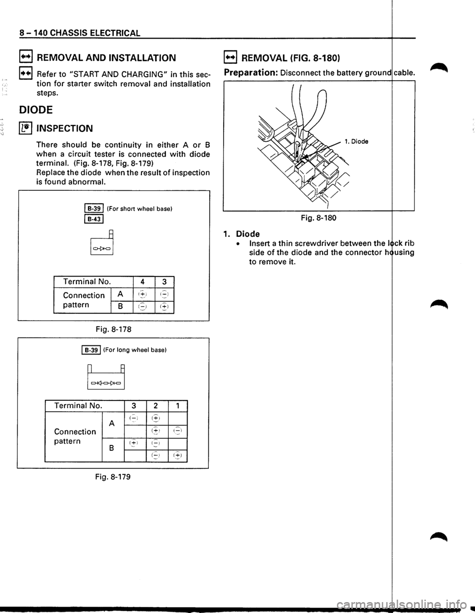 ISUZU TROOPER 1995  Workshop Manual ._, • <I 
8 -140 CHASSIS ELECTRICAL 
E) REMOVAL  AND INSTALLATION E) REMOVAL (FIG. 8-180) 
l••l Refer to "START AND CHARGING" in this sec-Preparation: Disconnect  the battery ground cable. 
ti