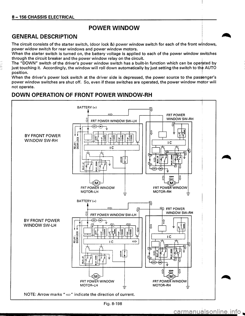 ISUZU TROOPER 1995  Workshop Manual 8 -156 CHASSIS  ELECTRICAL 
POWER WINDOW 
GENERAL DESCRIPTION I 
The circuit  consists of the starter  switch,  (door lock &) power window switch for each of the front wlndows, 
power widow switch for