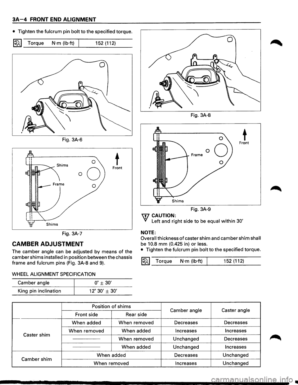 ISUZU TROOPER 1995  Workshop Manual 3A-4 FRONT END ALIGNMENT 
• Tighten the fulcrum pin bolt to the  specified  torque. 
1~1 Torque N·m (lb·ft) 152 (112) 
Fig. 3A-6 
0 t Front 
0 
Fig. 3A-8 
Fig.  3A-9 
\fl CAUTION: 
t Front 
(/ Le