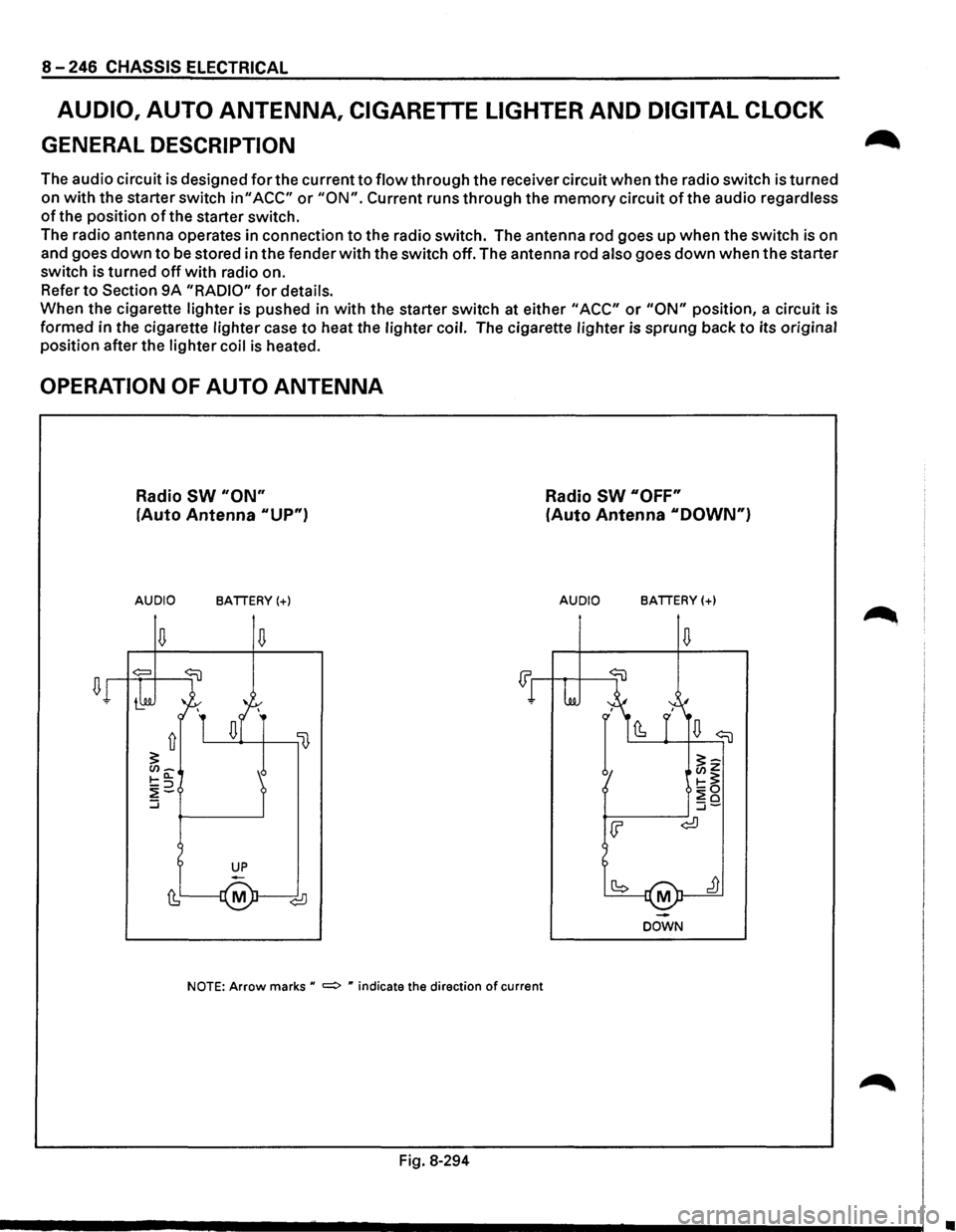 ISUZU TROOPER 1995  Workshop Manual 8-246 CHASSIS ELECTRICAL 
AUDIO, AUTO ANTENNA, CIGARETTE  LIGHTER AND DIGITAL CLOCK 
GENERAL DESCRIPTION 
The audio  circuit  is designed for the  current to flow through the  receiver  circuit when t