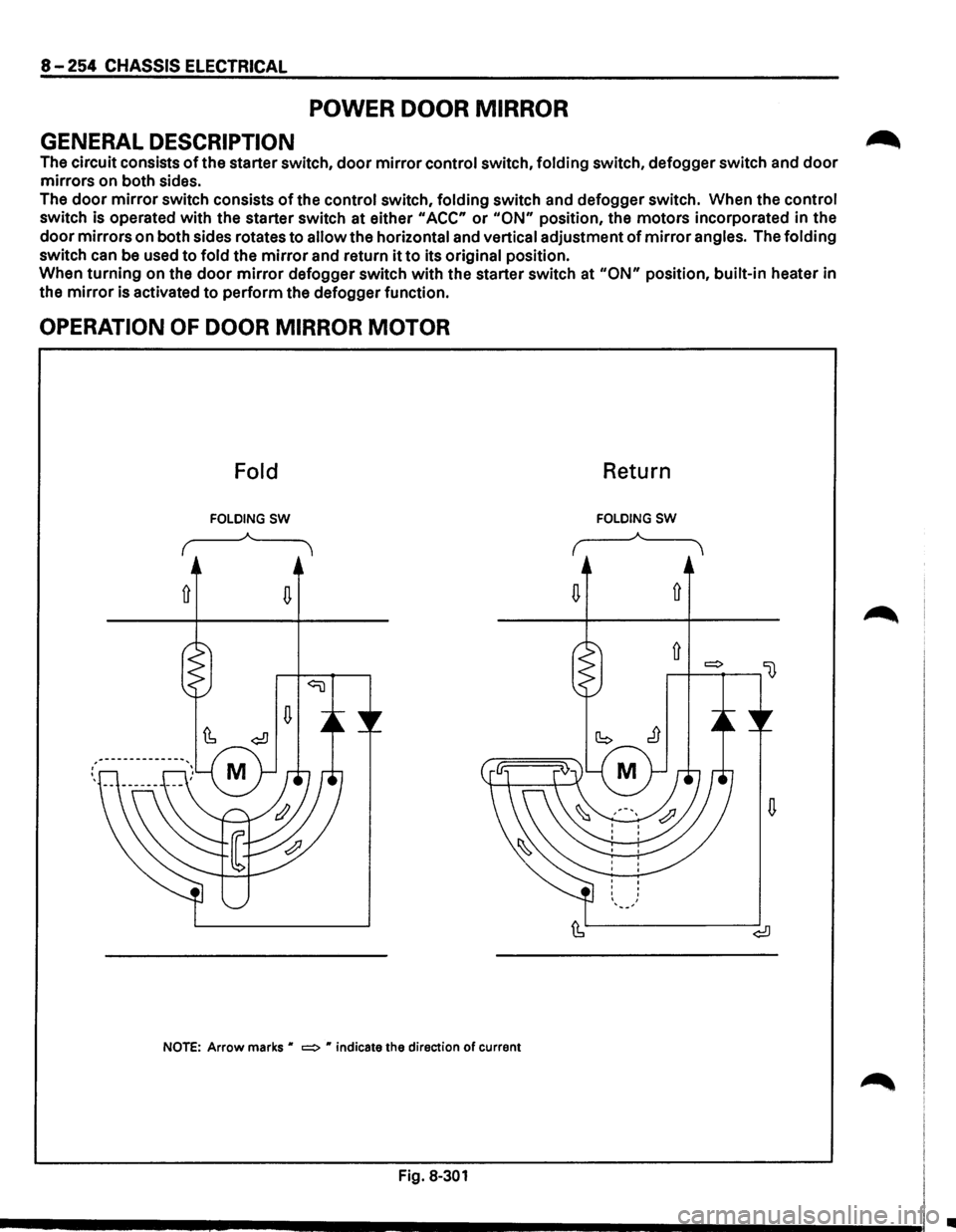 ISUZU TROOPER 1995  Workshop Manual 8-254 CHASSIS ELECTRICAL 
POWER DOOR MIRROR 
GENERAL DESCRIPTION 
The circuit  consists of the starter  switch, door mirror control  switch, folding  switch, defogger  switch and door 
mirrors  on bot