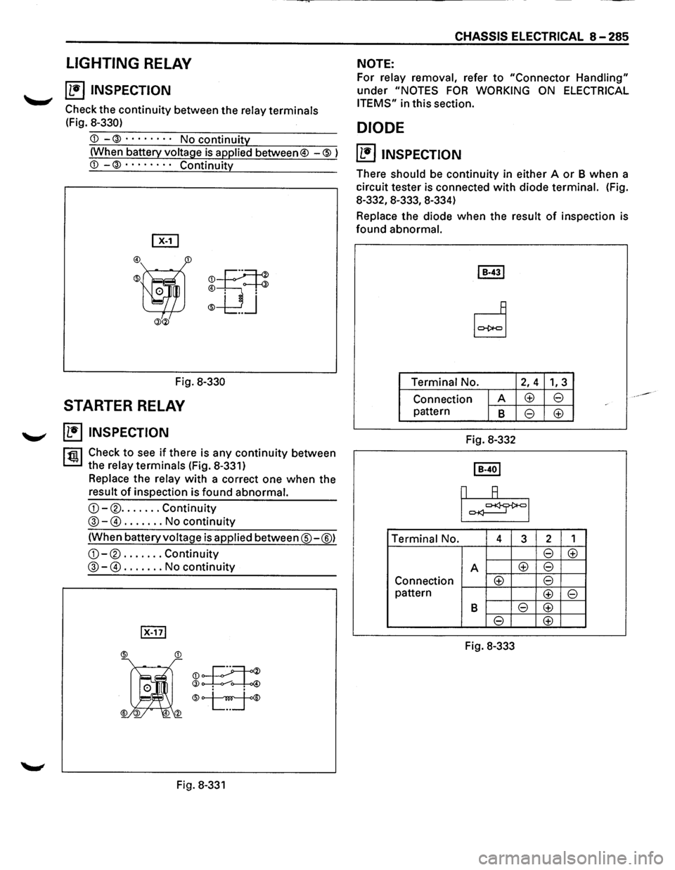 ISUZU TROOPER 1995  Workshop Manual LIGHTING RELAY 
~ ~ INSPECTION 
Check the continuity between  the relay  terminals 
(Fig. 
8-330) 
<D -®  · ·  · · ·  · ·  · No  continuity 
(When  battery  voltage 
is applied between® -@ )