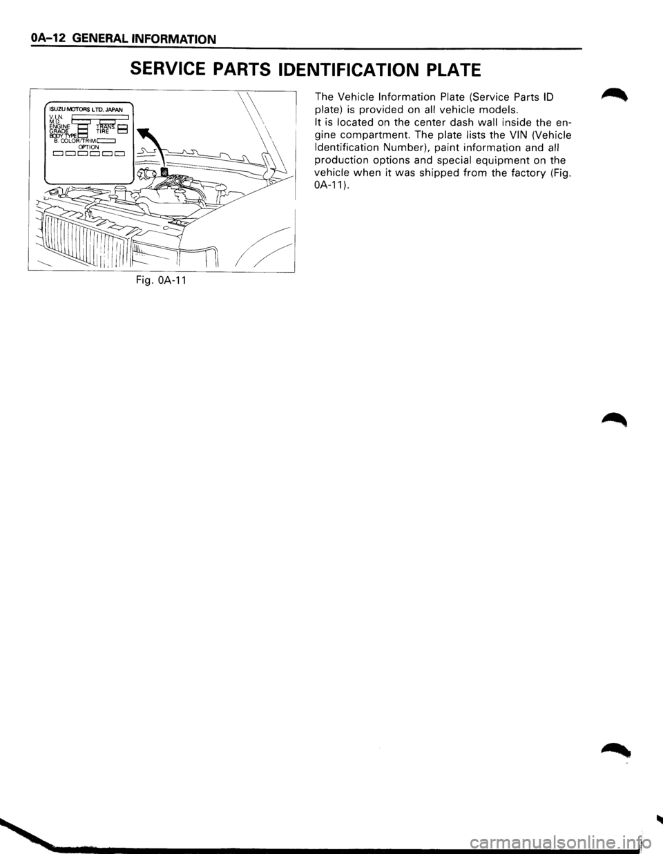 ISUZU TROOPER 1995  Workshop Manual OA-12 GENERAL INFORMATION 
(ISUZU IVOTORS LTD. JAPAA 
VI.N. :g I ~N9_;1NE Tliifil El ~k TIRE B. COLOR/TRIMc=:::J OPTION CJ  CJ CJ CJ CJ CJ 
SERVICE  PARTS IDENTIFICATION PLATE 
Fig. OA-11 
The Vehicle