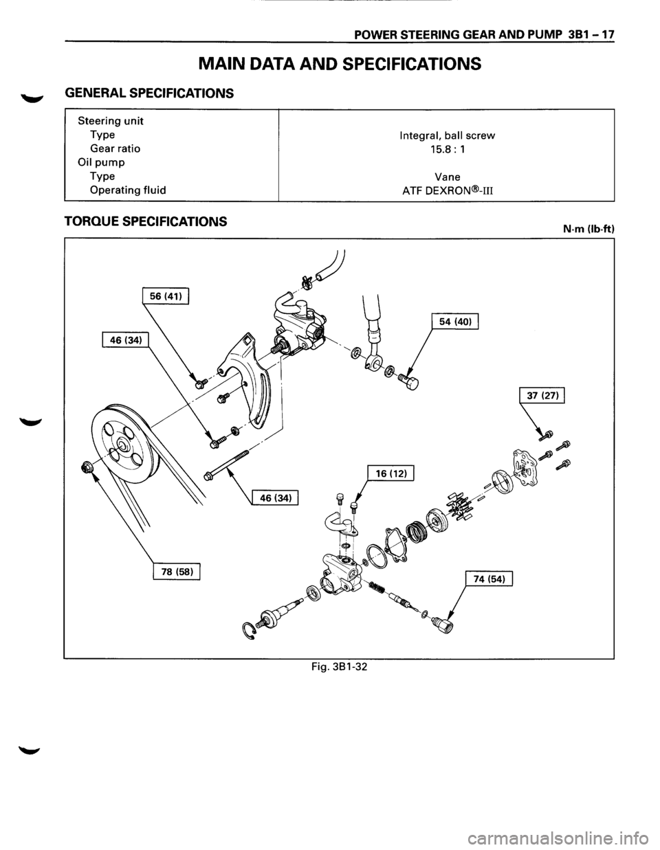 ISUZU TROOPER 1995  Workshop Manual POWER STEERING GEAR AND PUMP 381-17 
MAIN DATA AND SPECIFICATIONS 
GENERAL SPECIFICATIONS 
Steering unit 
Type 
Gear  ratio 
Oil pump 
Type 
Operating 
fluid 
TORQUE SPECIFICATIONS 
Fig.  381-32 
Inte