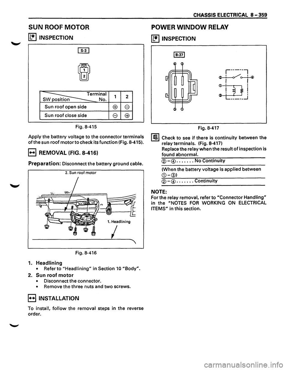 ISUZU TROOPER 1995  Workshop Manual SUN ROOF MOTOR 
~ INSPECTION 
[]1] 
I 
~rminal 
S p No. 
Sun roof open side 
Sun roof close  side 
Fig.  8-415  1 
2 
~ 8 
8 
~ 
Apply the battery voltage to the connector terminals 
ofthe sun roof mo