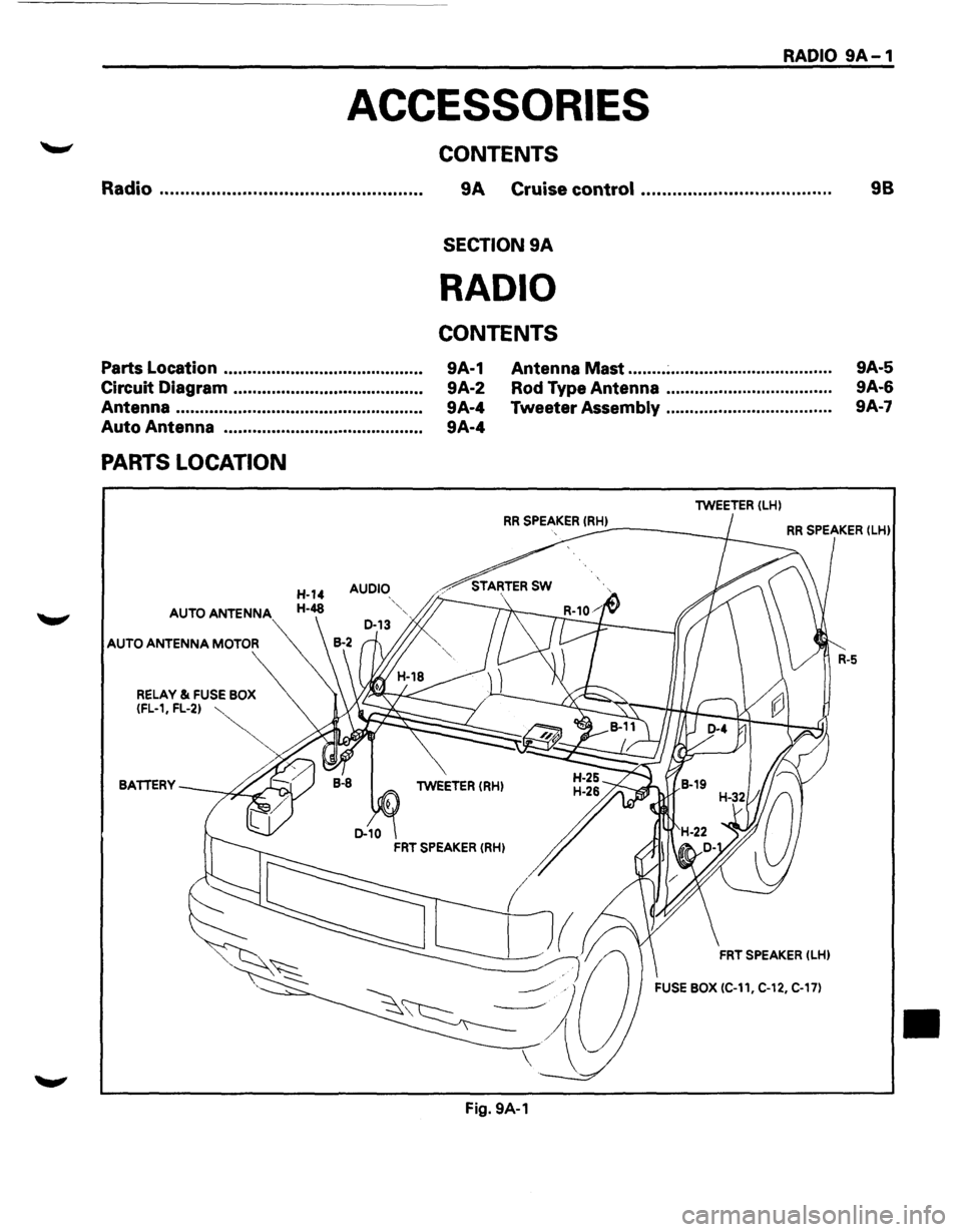 ISUZU TROOPER 1995  Workshop Manual RADIO 9A-1 
ACCESSORIES 
Radio ..................................................  . 
Parts Location  ..............................•........... 
Circuit  Diagram  ......•.........................