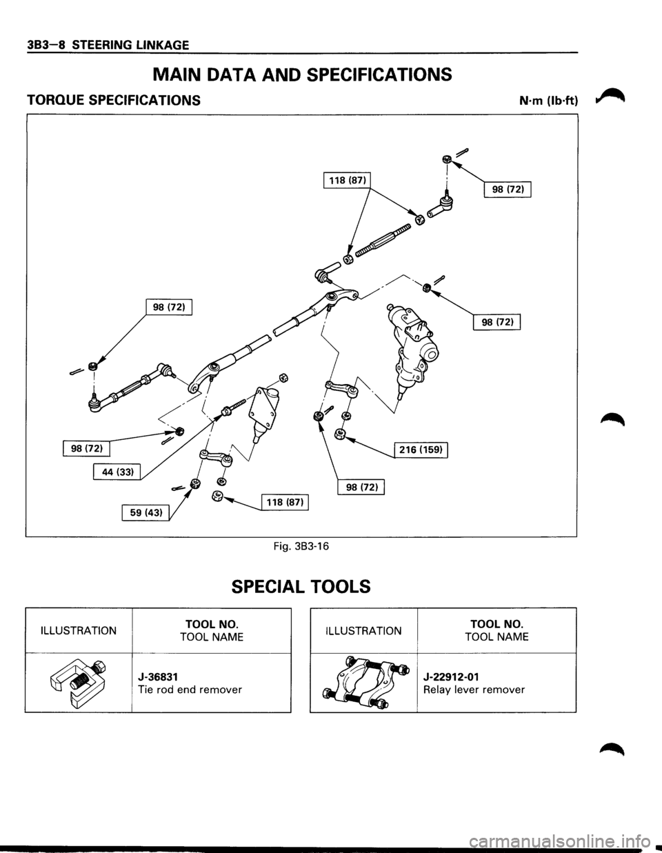 ISUZU TROOPER 1995  Workshop Manual 383-8 STEERING LINKAGE 
MAIN DATA AND SPECIFICATIONS 
TORQUE SPECIFICATIONS N·m (lb·ft) 
Fig. 383-16 
SPECIAL  TOOLS 
ILLUSTRATION TOOL NO. 
TOOL NAME 
TOOL NO. 
TOOL NAME ILLUSTRATION 
~ 
J-36831 
