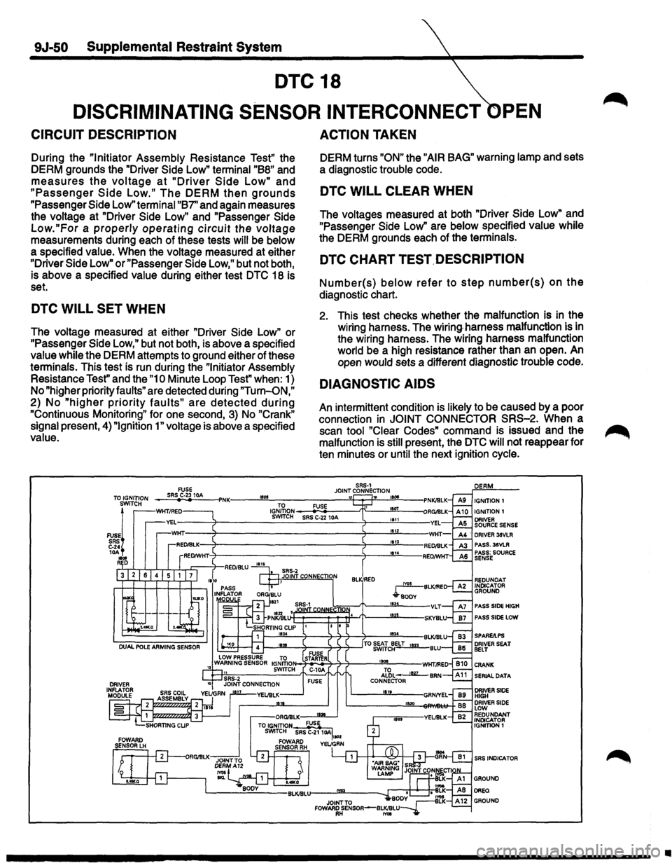 ISUZU TROOPER 1995 Workshop Manual 9J-50 Supplemental Restraint System
DTC 18
DISCRIMINATING SENSOR INTERCONNECT PEN
CIRCUIT DESCRIPTION
During the "Initiator Assembly Resistance Test" the
DERM grounds the "Driver
Side Low" ISUZU TROOPER 1995 Workshop Manual 9J-50 Supplemental Restraint System
DTC 18
DISCRIMINATING SENSOR INTERCONNECT PEN
CIRCUIT DESCRIPTION
During the "Initiator Assembly Resistance Test" the
DERM grounds the "Driver
Side Low"