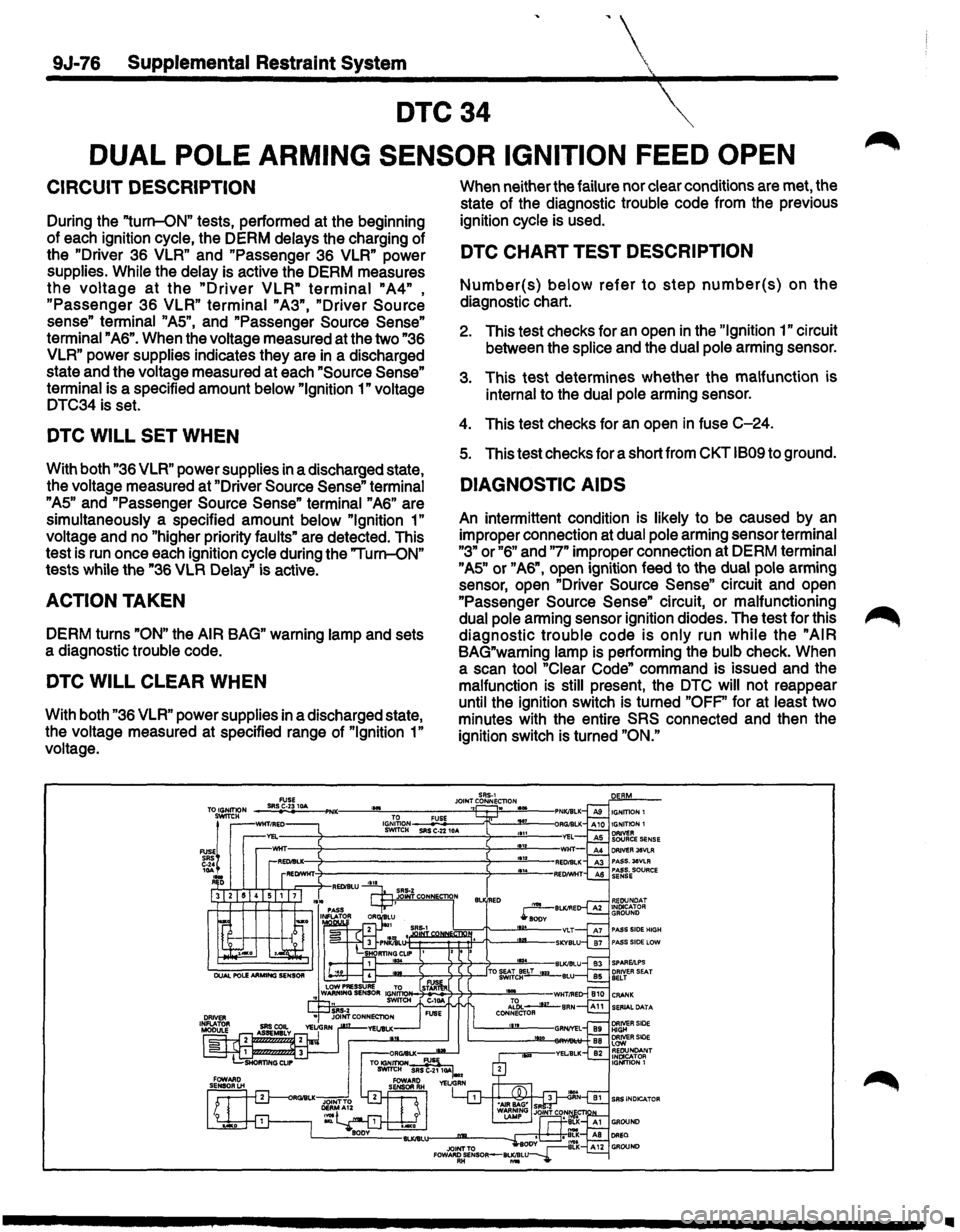 ISUZU TROOPER 1995  Workshop Manual 9J-76 Supplemental Restraint System 
DTC34  
DUAL POLE ARMING  SENSOR  IGNITION FEED OPEN 
CIRCUIT  DESCRIPTION 
During the "turn-ON" tests, performed  at the  beginning 
of  each  ignition  cycle, th