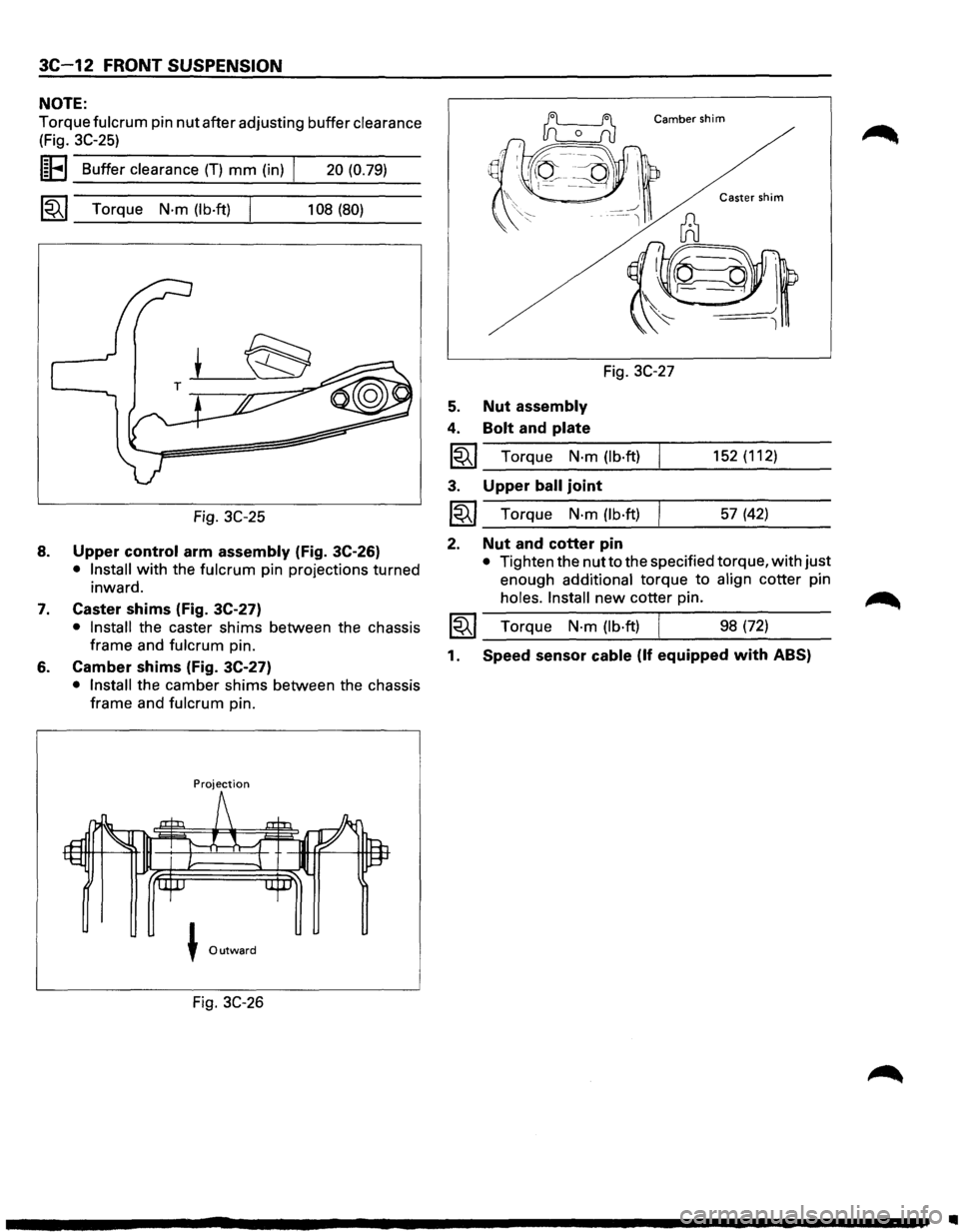 ISUZU TROOPER 1995  Workshop Manual 3C-12 FRONT SUSPENSION 
NOTE: 
Torque fulcrum pin nut after adjusting  buffer clearance 
(Fig. 3C-25) 
I~EI Buffer  clearance (T) mm (in) I 20 (0.79) 
~~~ Torque N·m (lb·ft) I 108 (80) 
Fig. 3C-25 
