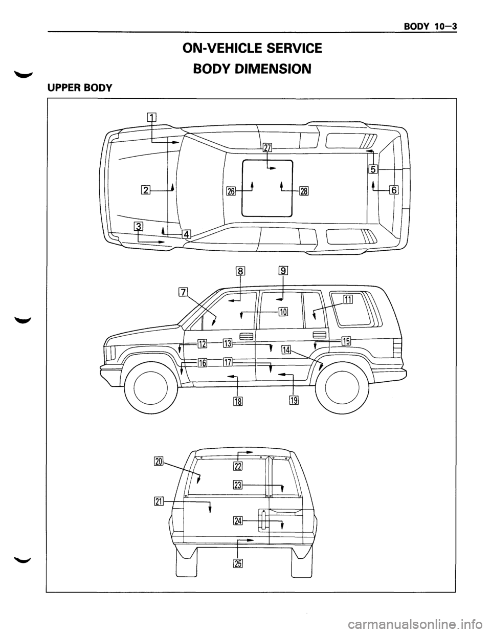 ISUZU TROOPER 1995  Workshop Manual UPPER BODY 
ON-VEHICLE SERVICE 
BODY  DIMENSION 
BODY 10-3  