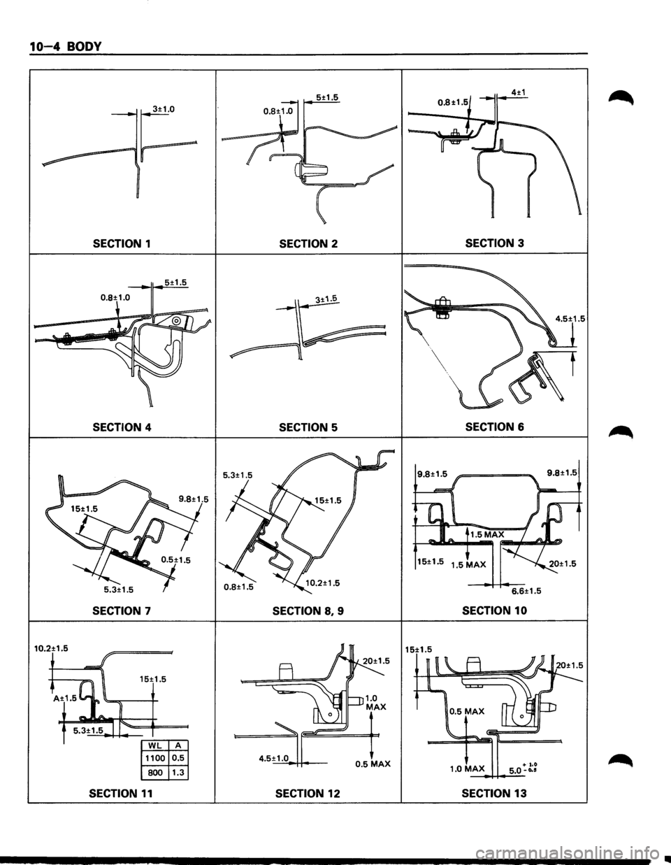 ISUZU TROOPER 1995  Workshop Manual 10-4 BODY 
4±1 
SECTION 1 SECTION 2 SECTION 3 
5±1.5 
0.8±1.0 
SECTION 4 SECTION 5 SECTION 6 
6.6±1.5 
SECTION 7 SECTION 8, 9 SECTION 10 
10.2±1 5 
15±1.5 
~ 
A<1.5c: J 
15±1.5 
-_Alto. 
5.3±1