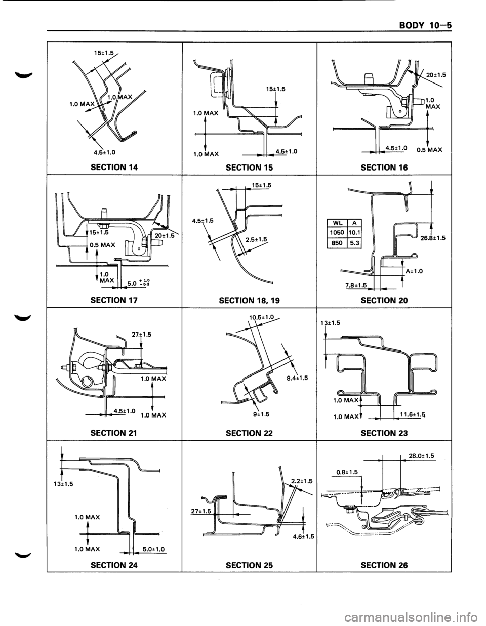 ISUZU TROOPER 1995  Workshop Manual 1.0 MAX 4.5±1.0 
SECTION 14 SECTION 15 
15±1.5 
1.0 
MAX 5 •
0 :_~; 
SECTION 17 SECTION 18, 19 
----1-1---4:..:!'5~± 1 .O 1  .0 MAX 9±1.5 
SECTION 21 SECTION 22 
13±  1.5 
1.0 
MAX 
1.0 MAX
