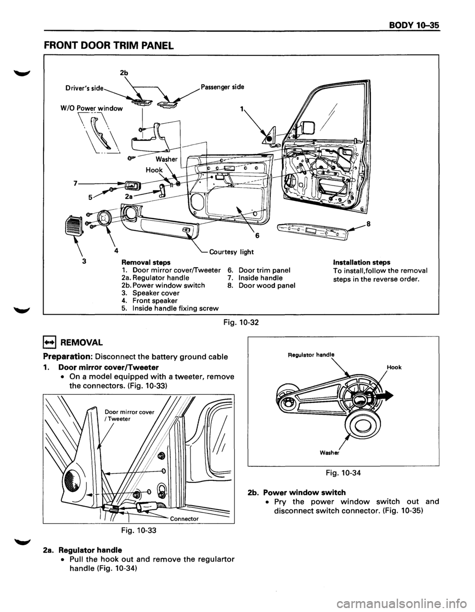 ISUZU TROOPER 1995  Workshop Manual BODY 1Q-35 
FRONT DOOR  TRIM PANEL 
2b 
Drivers 
side Passenger side 
7 
4 
3 Removal steps Installation steps 1. Door mirror cover/Tweeter 2a. Regulator handle 6. Door trim panel To install, follow 