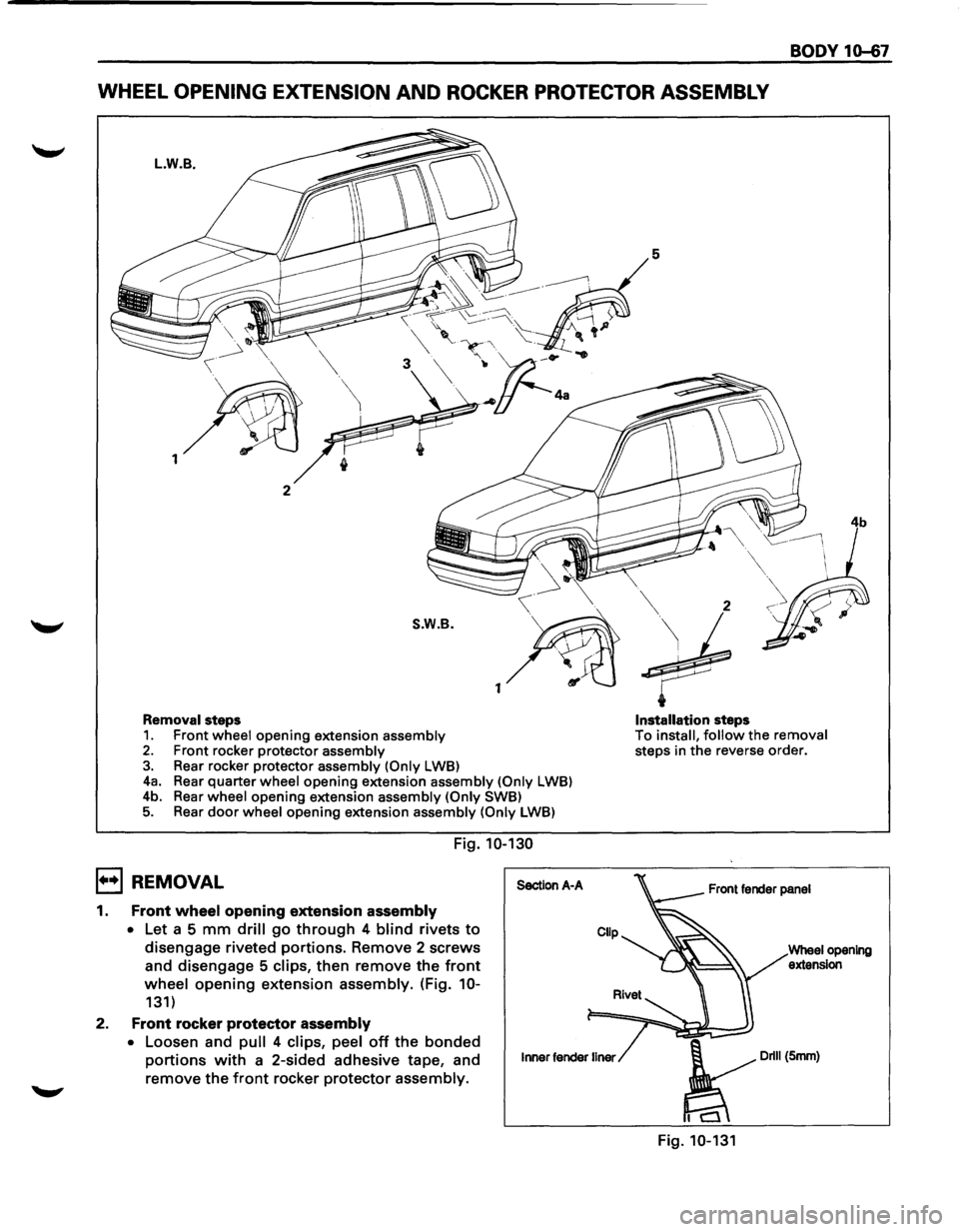 ISUZU TROOPER 1995  Workshop Manual BODY 10-67 
WHEEL OPENING  EXTENSION AND ROCKER PROTECTOR  ASSEMBLY 
L.W.B. 
1 
2 
S.W.B. 
1 
Removal steps 
1. Front wheel opening extension assembly 2. Front rocker  protector assembly 3. Rear rocke